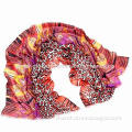 Fashion Light Blue Cashmere Scarf, Print with Flowers and Leopard, Customized Designs are Welcome